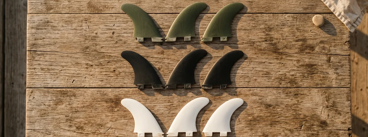 Three sets of budget surfboard thruster fins arranged on a weathered wooden table in warm golden hour light