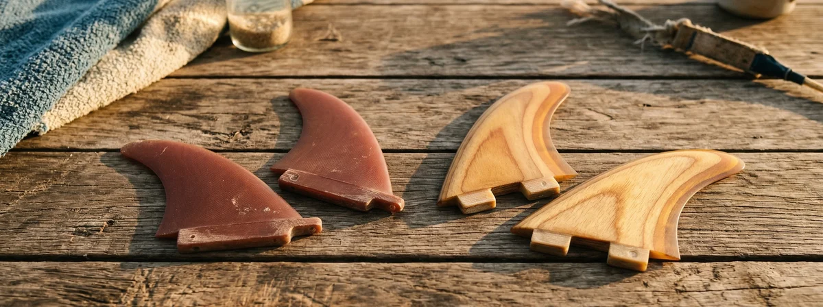 Keel and quad surfboard fins arranged on a weathered wooden deck in natural light, overhead editorial photograph