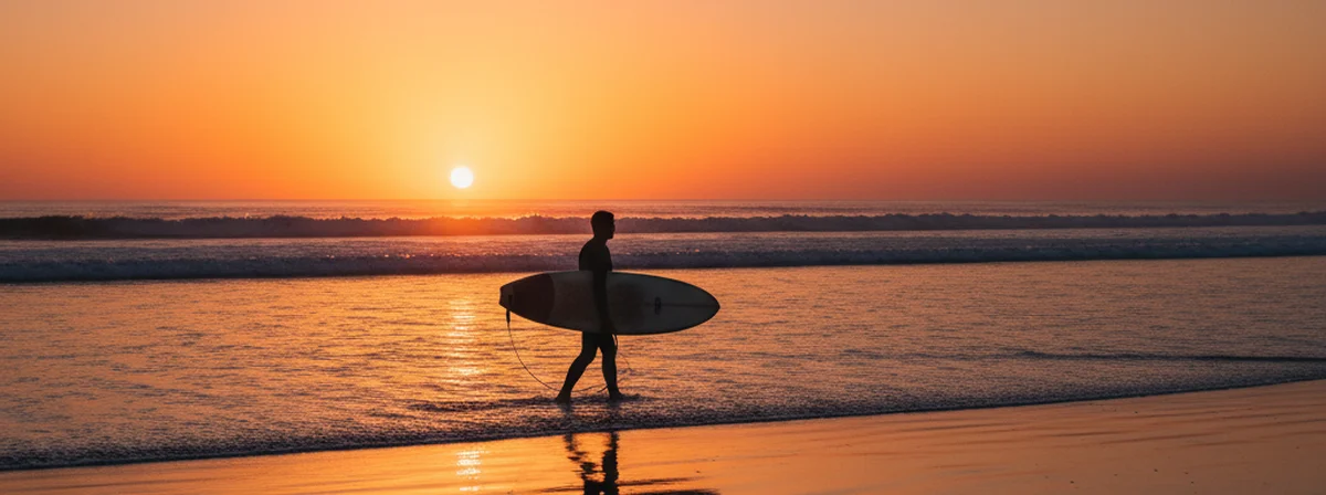 Surfer silhouetted at sunset walking toward small clean waves holding a wide groveler surfboard