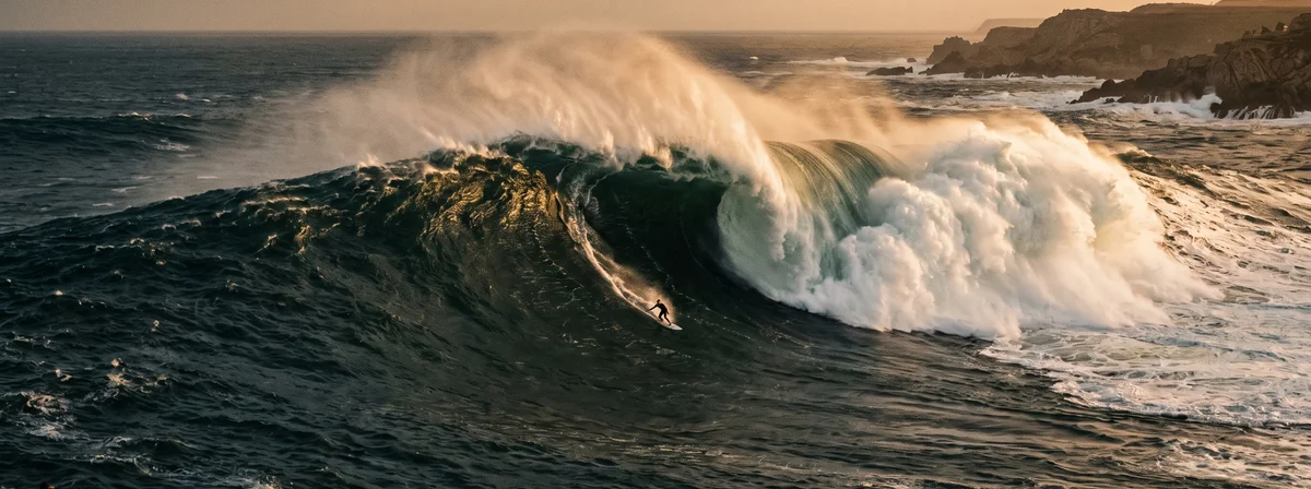 A lone surfer riding a 40-foot wave at Mavericks shot from the cliff, dwarfed by the wall of water