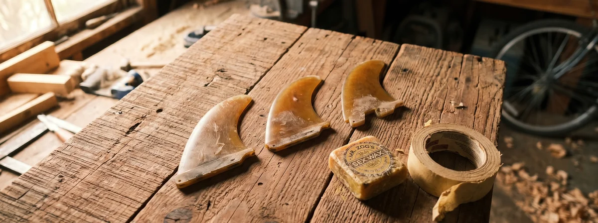 Overhead flat lay of three retro Bonzer-style surfboard fins on a weathered redwood deck in warm afternoon light