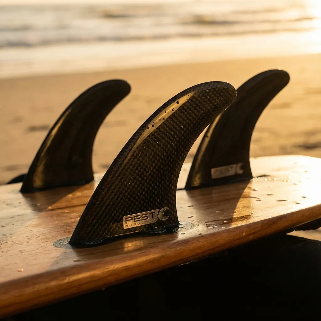 Close up of high-performance carbon fiber surfboard fins with water droplets, cinematic lighting