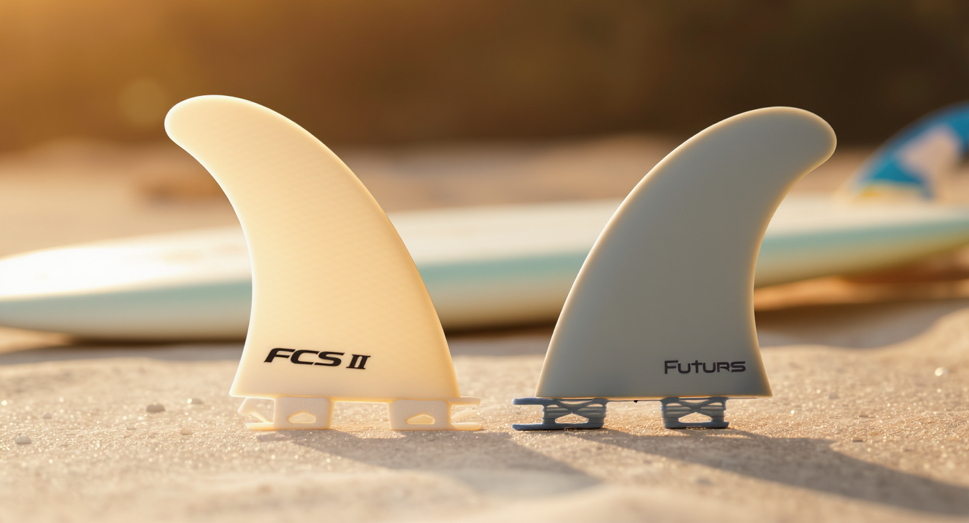 Close-up of three blue surfboard fins on a board in the water, illustrating FCS and Futures fin systems