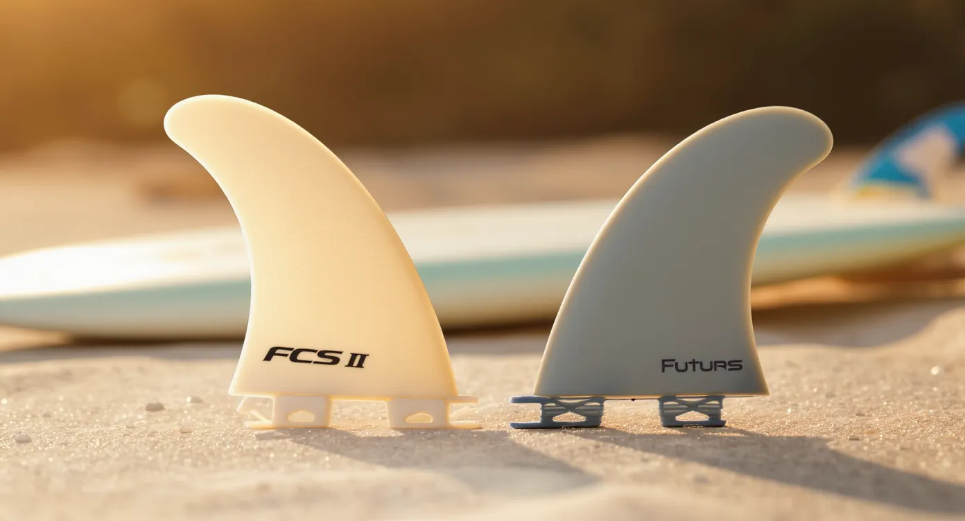 Close-up of three blue surfboard fins on a board in the water, illustrating FCS and Futures fin systems