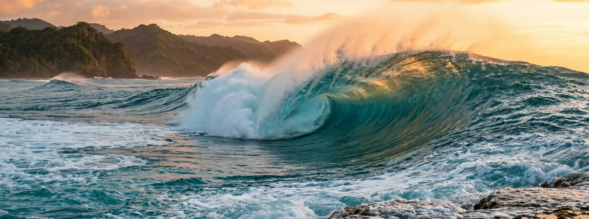 Powerful breaking wave at a world-class reef break during golden hour with turquoise water and glassy conditions