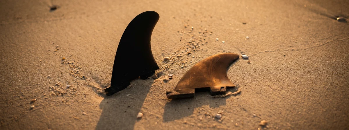Overhead flat lay of two contrasting surfboard fin templates on golden beach sand, one tall and narrow, one short and wide, shot at sunset.