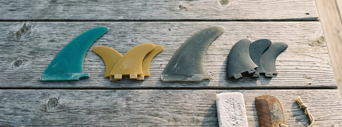 Four different surfboard fins arranged on a weathered wood deck in warm afternoon light overhead flat lay