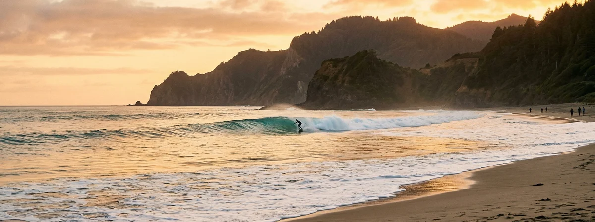Surfer riding a clean wave at sunset, distant action shot showing board and fins in motion