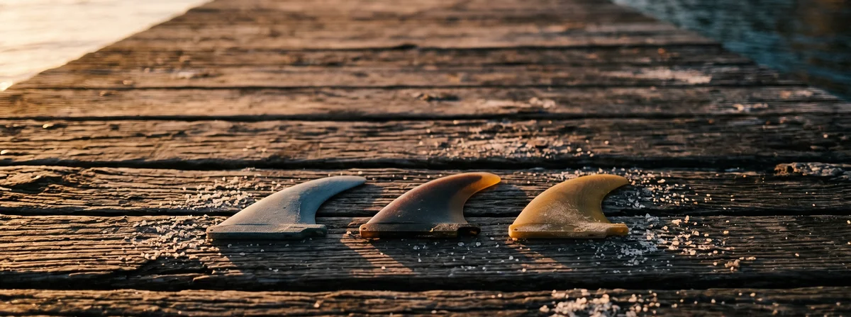 Three surfboard fins arranged on a weathered wooden dock at golden hour, overhead view