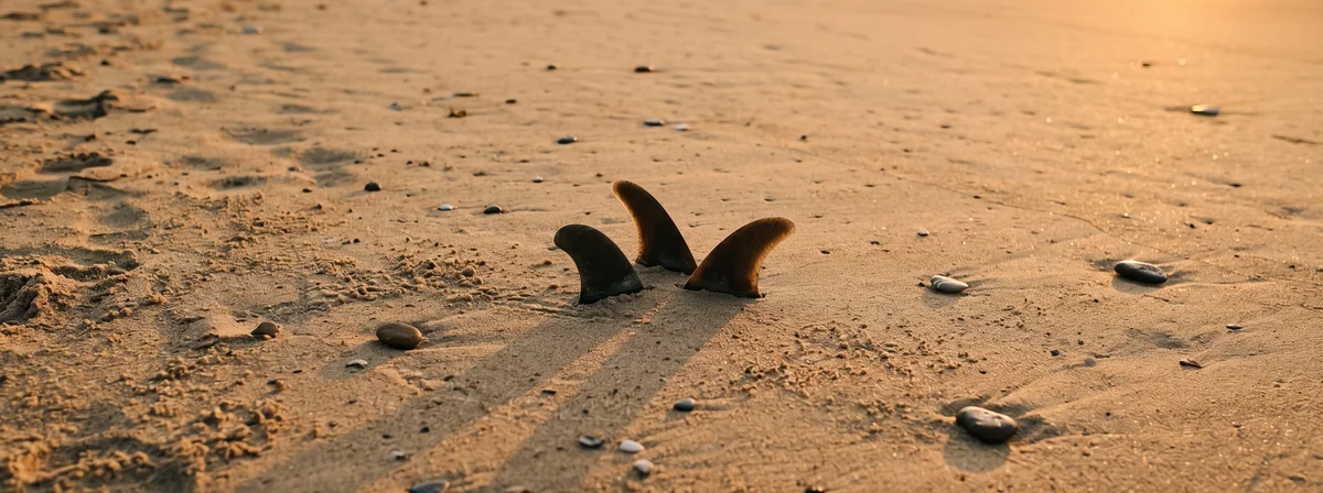 Three surfboard fins arranged in a tight triangular cluster on golden beach sand at sunset, overhead flat lay