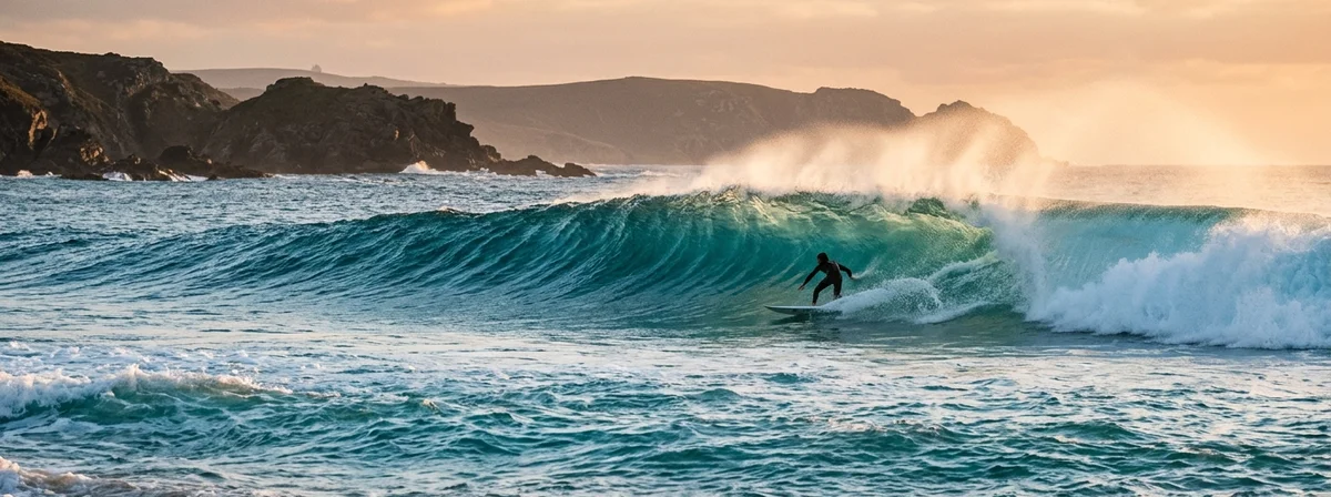 Distant surfer carving a bottom turn on a clean right-hand wave at golden hour, shot from shore with warm natural tones