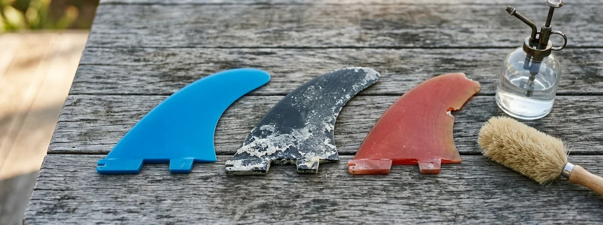 Three surfboard fins on a weathered wooden deck, one clean, one with salt buildup, and one with a chipped edge, with a cleaning brush nearby