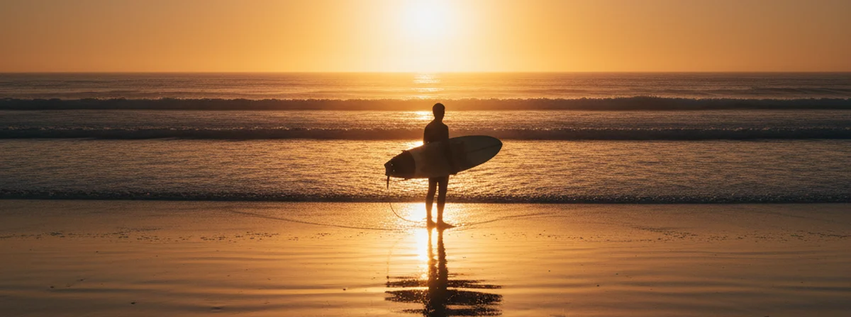 Surfer silhouette holding a shortboard at the water's edge during golden hour with warm backlit ocean
