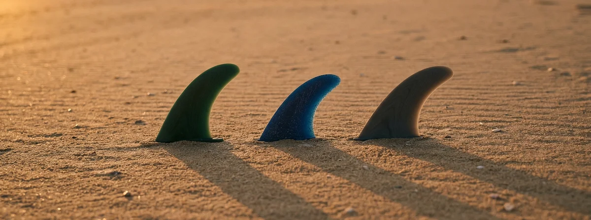 Surfboard fins arranged on golden beach sand at sunset, overhead flat lay showing different fin shapes and rake angles
