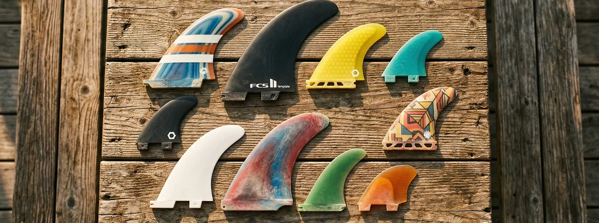 Various surfboard fin templates arranged on a weathered wooden deck in warm natural light, showing different shapes and sizes in an overhead flat lay