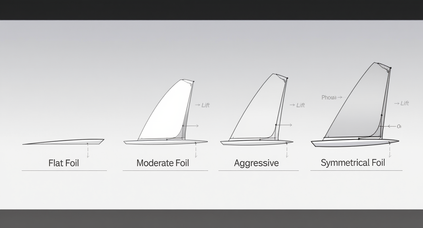 Technical diagram showing four different fin foil cross-sections (flat, moderate, aggressive, symmetrical) with arrows indicating water flow around each foil type and labels explaining lift principles