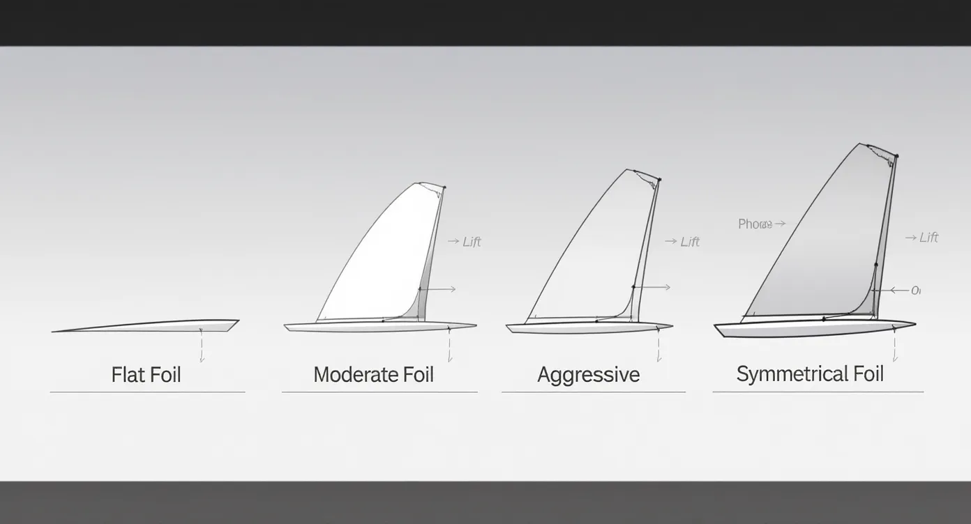 Technical diagram showing four different fin foil cross-sections (flat, moderate, aggressive, symmetrical) with arrows indicating water flow around each foil type and labels explaining lift principles