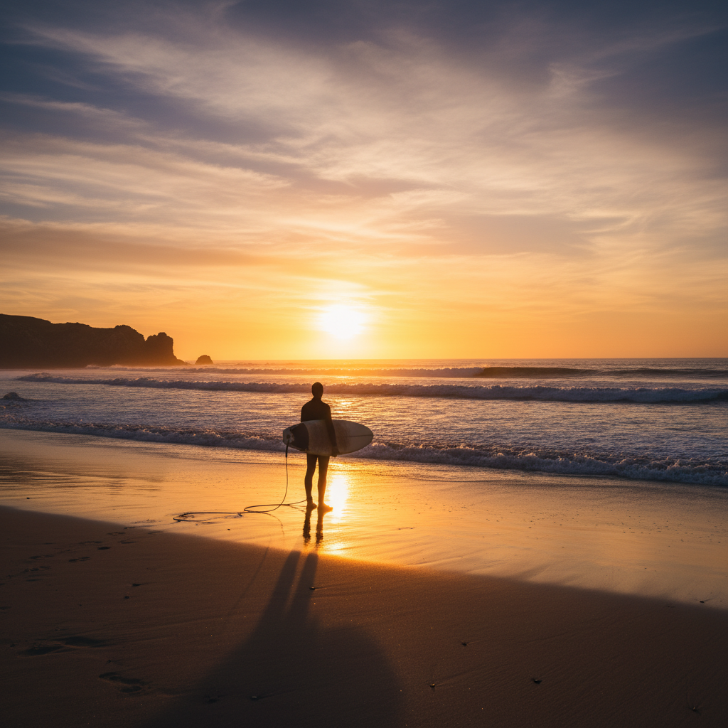 Silhouette of a surfer checking the waves at sunset, representing the clarity of choosing the right gear