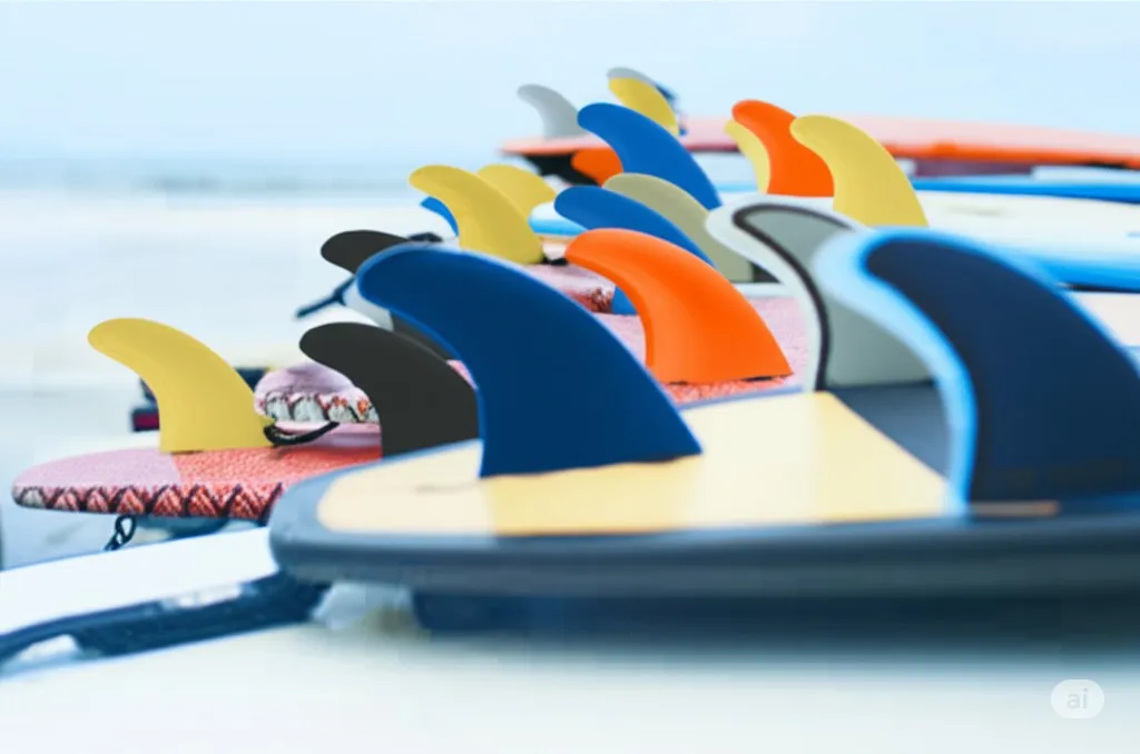 Close-up of multiple surfboard fins aligned on a wooden rack inside a surf shop