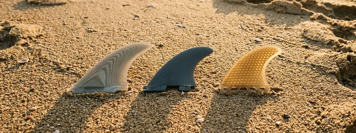 Surfboard fins arranged on golden beach sand at sunset with warm natural lighting