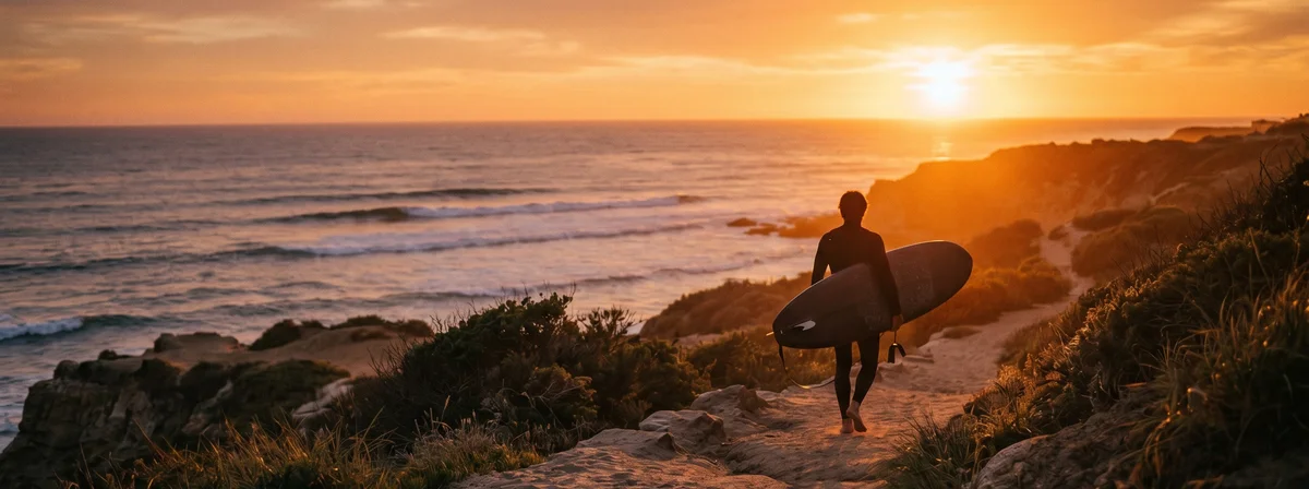 Silhouette of a surfer carrying a single-fin longboard at sunset, the era the Greenough 4A defined.