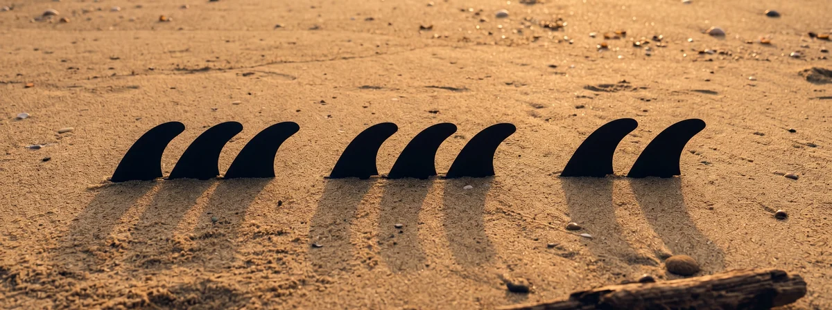 Overhead flat lay of large and medium surfboard fins side by side on warm beach sand at golden hour, showing the size difference