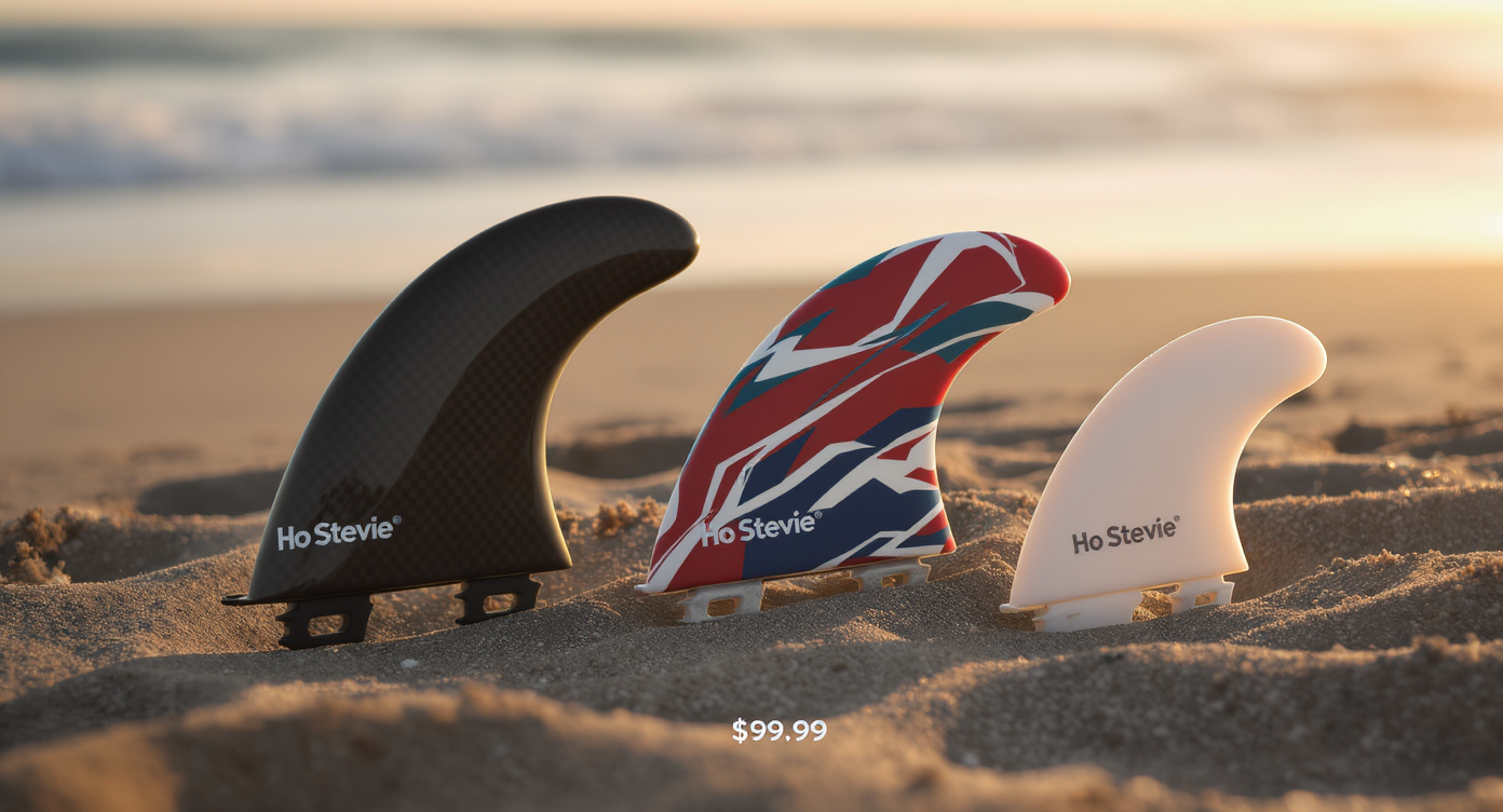 Ho Stevie surfboard fins displayed in warm golden hour lighting on sand, showing multiple fin colors and styles with professional product photography aesthetic