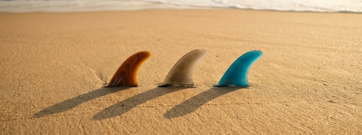 Surfboard fins arranged on golden beach sand in warm afternoon light, overhead flat lay view