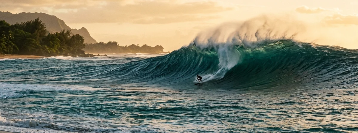 Distant surfer riding a large wave at Pipeline, captured from shore with golden afternoon light