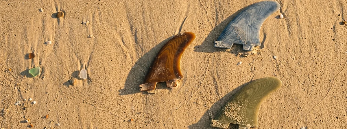 Three surfboard fins arranged on golden beach sand in warm afternoon light, overhead flat lay editorial photograph