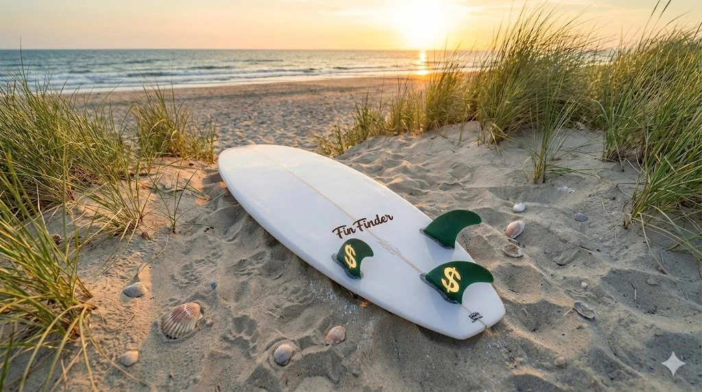 Surfboard on beach at sunset with green fins featuring dollar signs, representing expensive fin costs