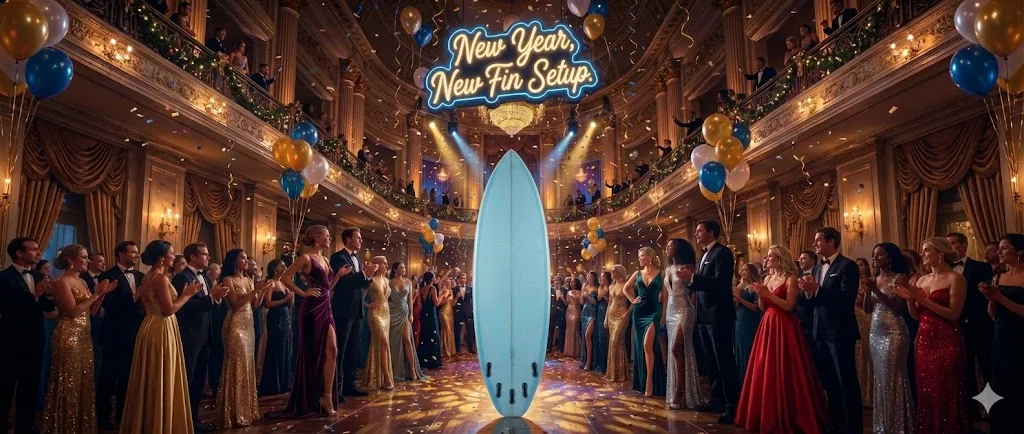 Celebratory New Year scene with a light blue surfboard in an elegant ballroom surrounded by partygoers in formal attire, with neon 'New Year, New Fin Setup' sign, balloons and confetti