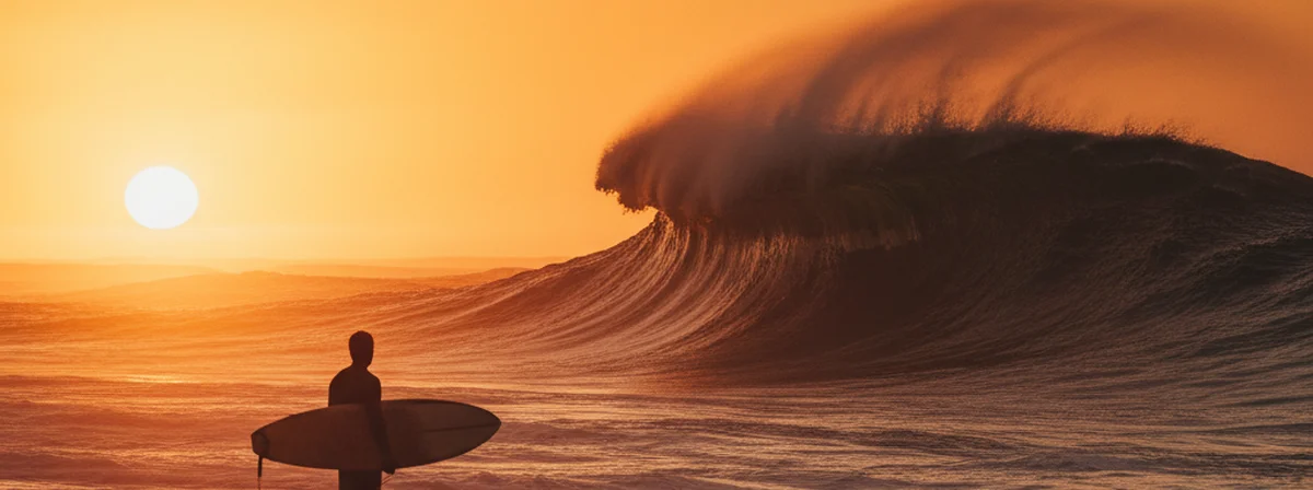 Silhouette of a surfer holding a surfboard at sunset with a powerful wave breaking in the background