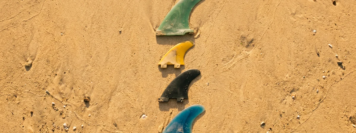 Overhead flat lay of four surfboard fins on warm golden beach sand at golden hour showing different tip shapes