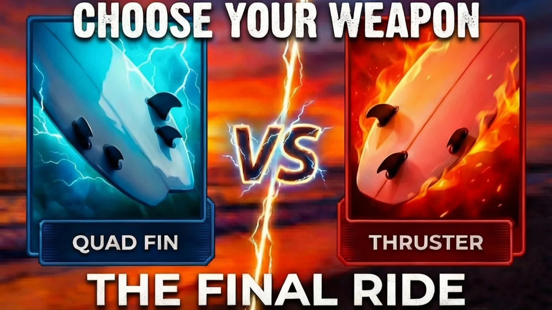 Split-screen comparison showing quad fin setup versus thruster fin configuration on surfboards in golden hour lighting