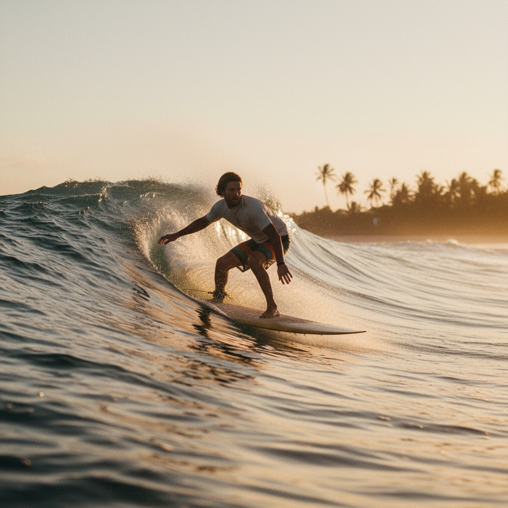Stylish surfer riding a single fin surfboard on a clean wave during golden hour