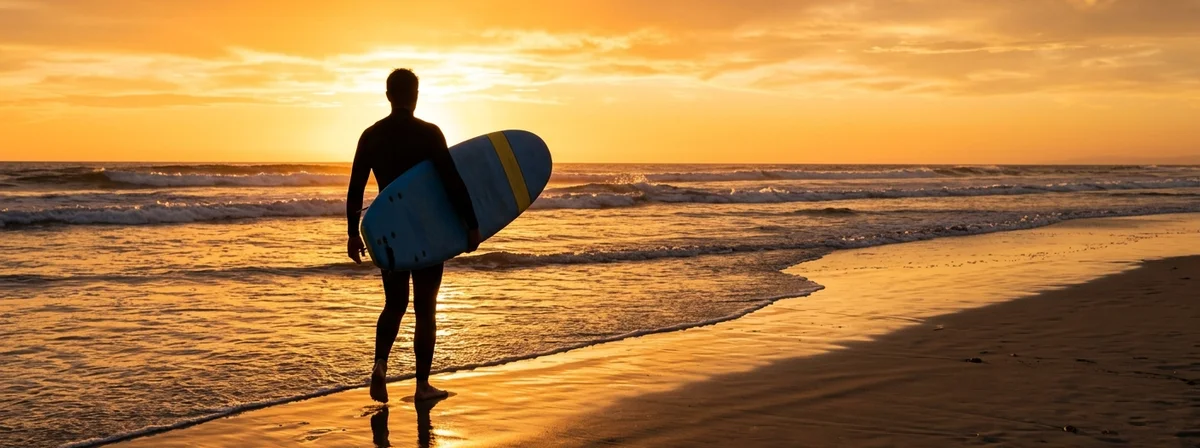 Beginner surfer silhouetted against golden sunset holding a soft-top foam surfboard at the shoreline