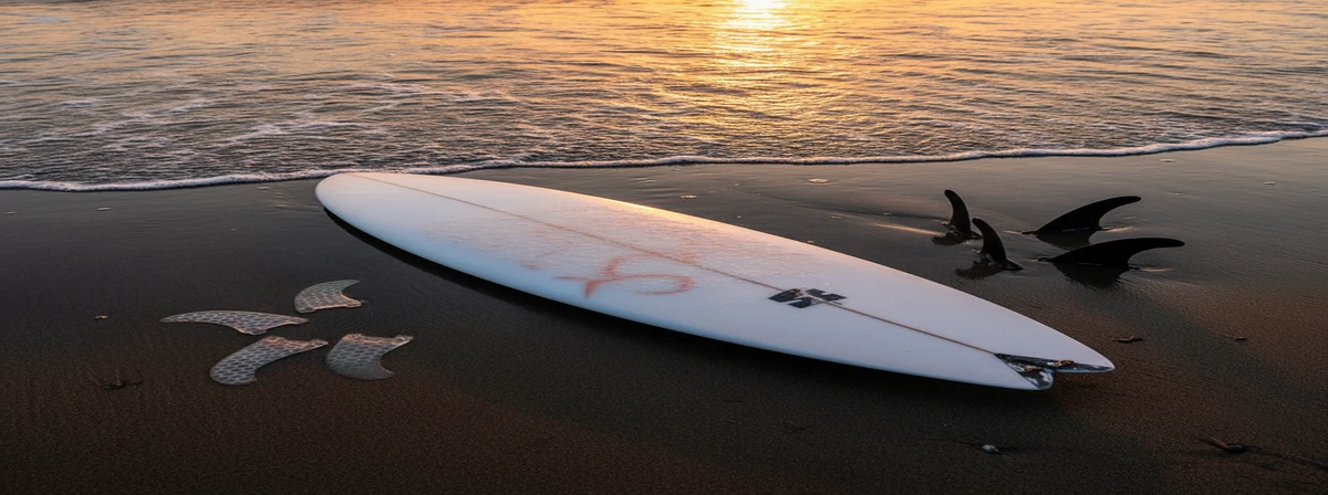 Thruster and quad surfboard fin sets laid out on wet sand at golden hour with ocean waves in the background