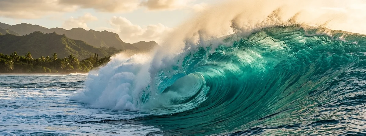 Powerful overhead wave breaking at a tropical reef pass with turquoise water and golden morning light