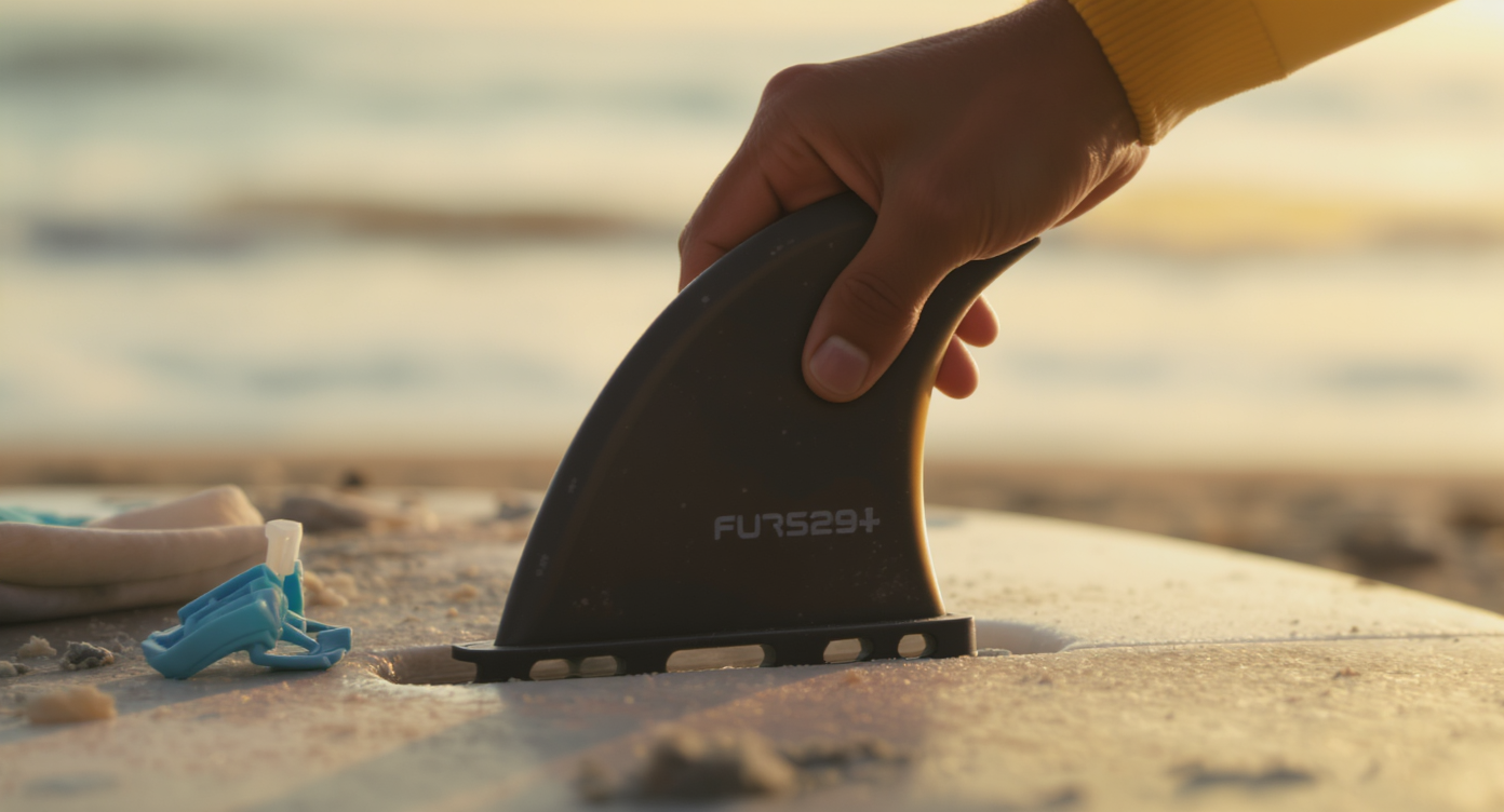 Surfer demonstrating stuck fin removal technique using gentle rocking motion and wax application, showing proper grip and technique with warm beach lighting