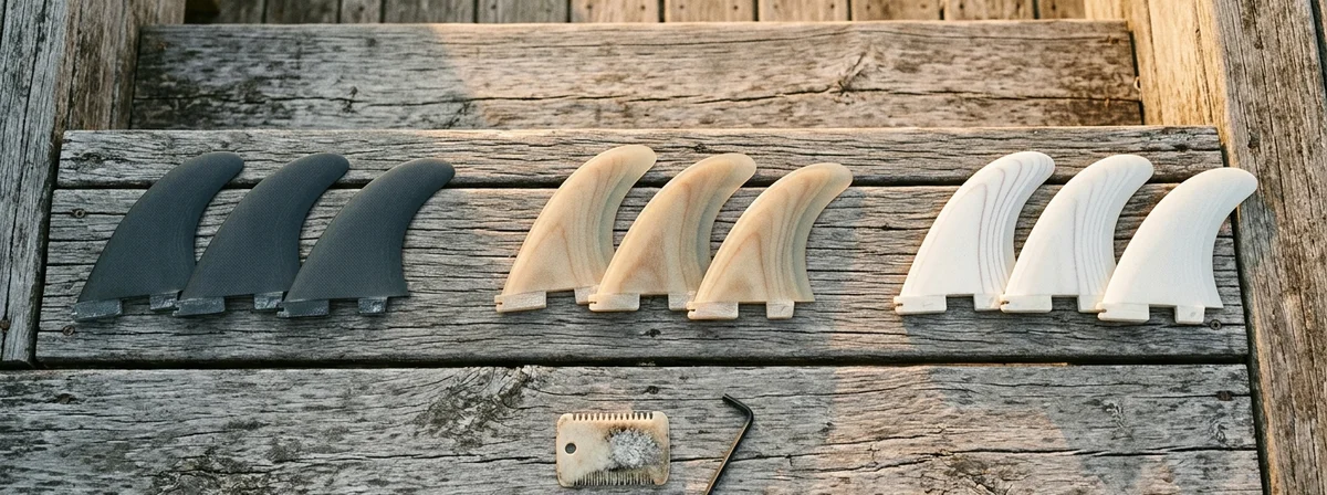 Several surfboard fin sets laid out on a weathered wooden deck in warm natural light