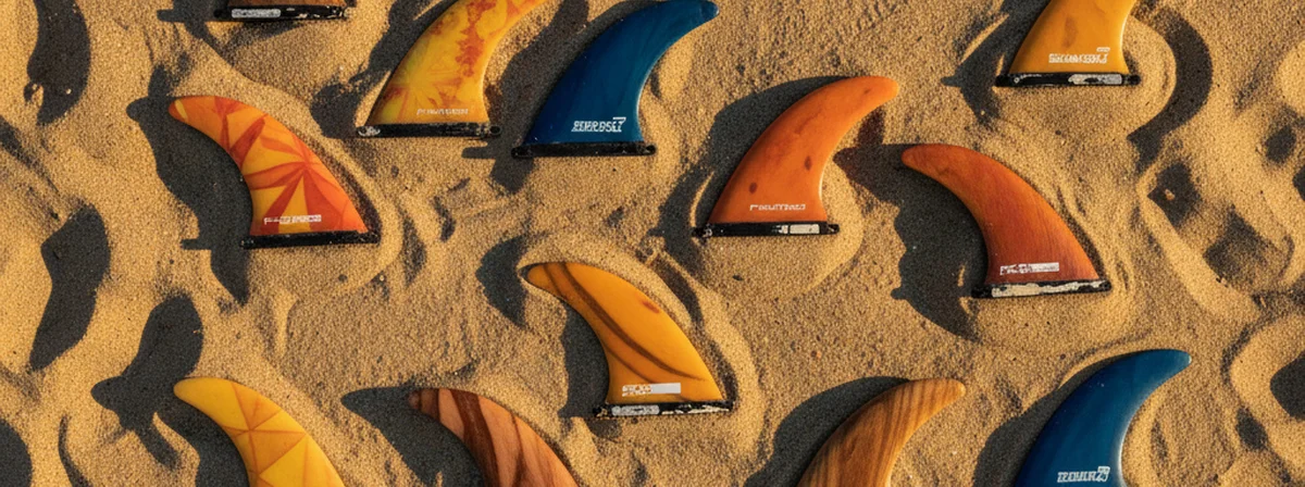 Several surfboard fins arranged on golden beach sand in warm afternoon light, overhead flat lay view showing different fin base styles
