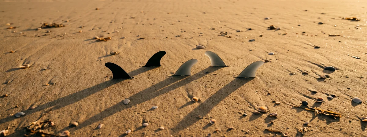 Surfboard fins arranged on golden beach sand at golden hour, overhead flat lay
