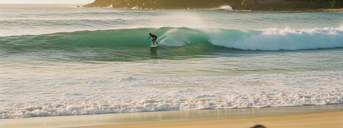 Distant surfer riding a clean wave at a tropical reef break, shot from shore with golden hour light and a board bag visible on the beach