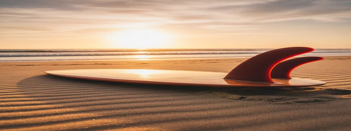 Twin fin fish surfboard resting on sand at golden hour with two keel fins silhouetted against the sunset
