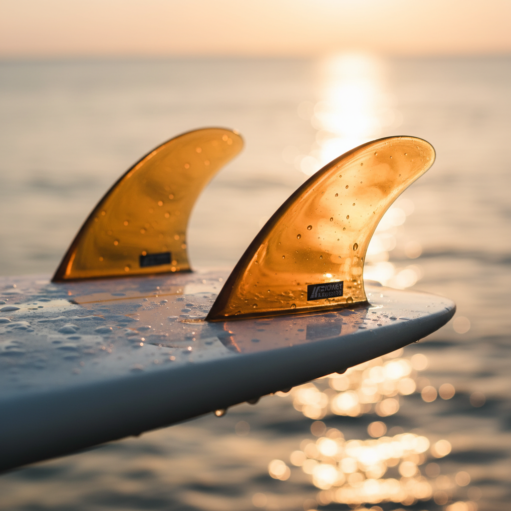 Close up detail of a surfboard tail with a twin fin setup, amber fiberglass fins, water droplets, golden hour lighting