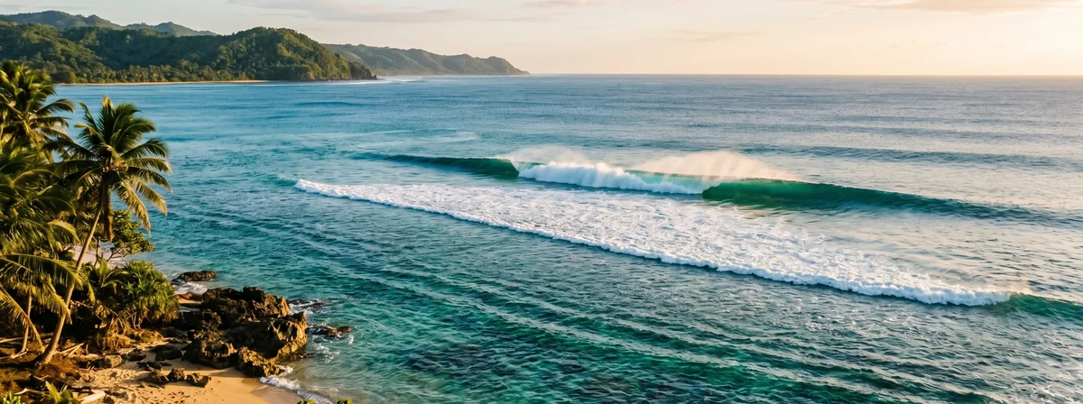 Clean long-period groundswell wave peeling across turquoise water at golden hour, empty lineup, editorial surf photography