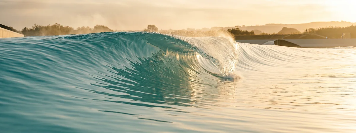 Clean glassy wave peeling across a turquoise wave pool basin at golden hour