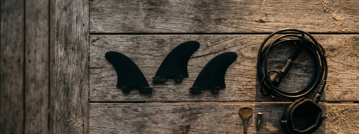 Overhead flat lay of surfboard fins on a weathered teak deck table at golden hour with a brass fin key beside them