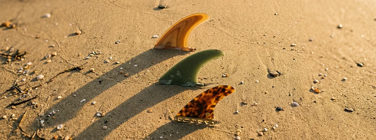 Assorted surfboard fins laid out on golden beach sand at sunset with warm natural light